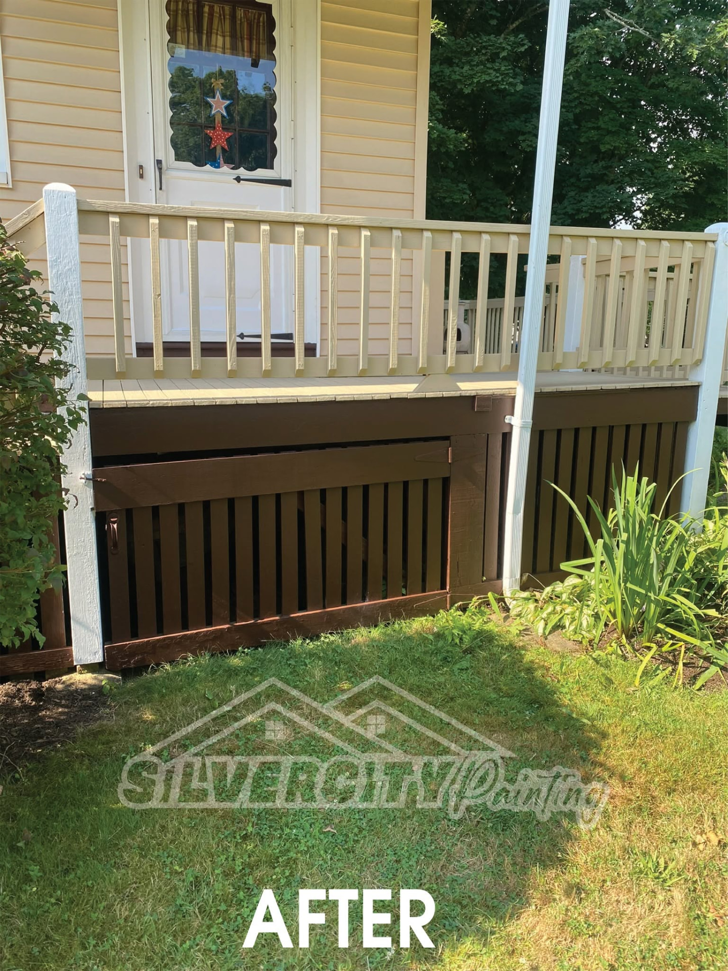 After painting — tan deck railings and freshly painted brown skirting on a Massachusetts home
