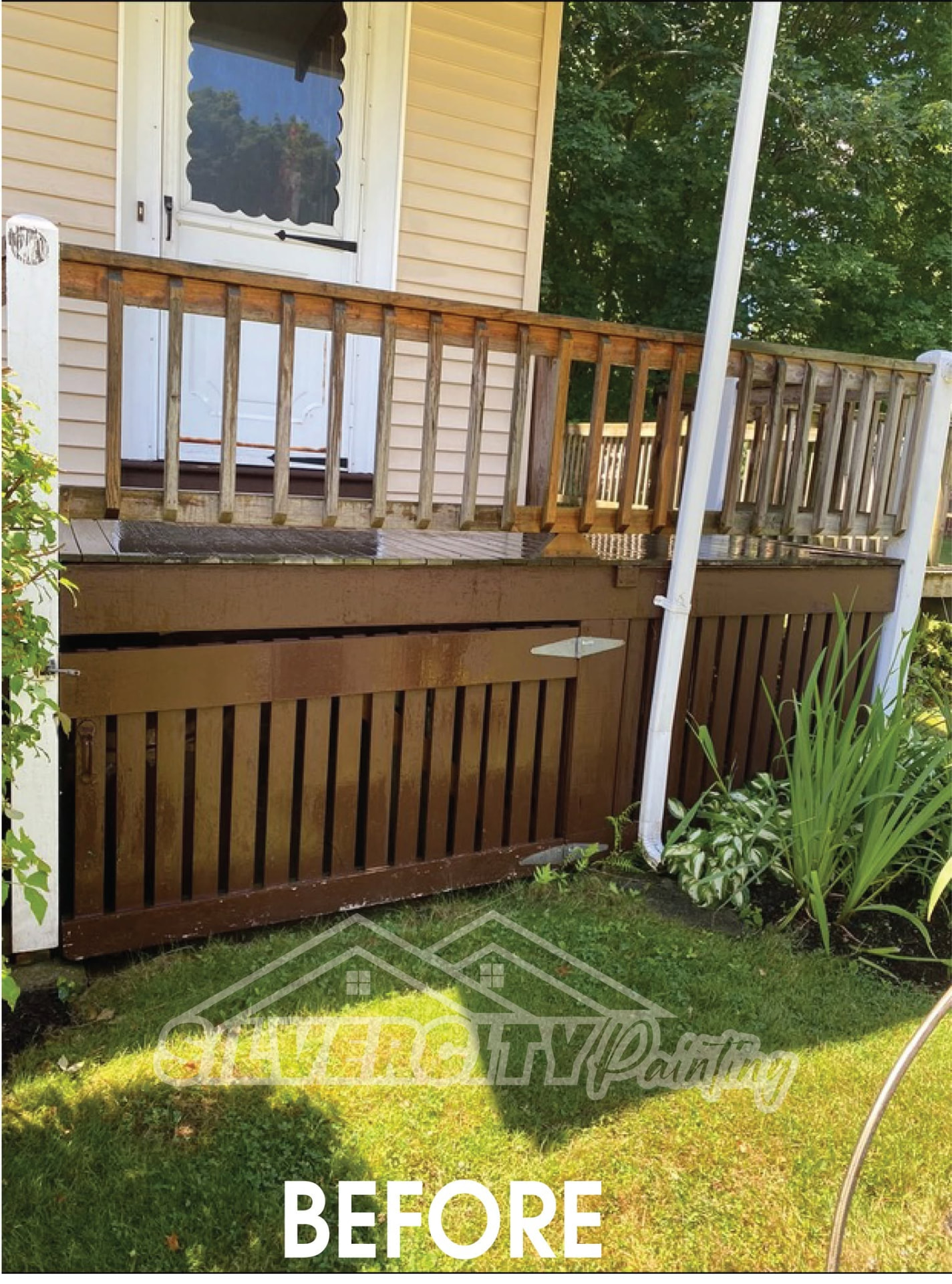 Before painting — weathered grey deck railings and stained brown skirting on a Massachusetts home