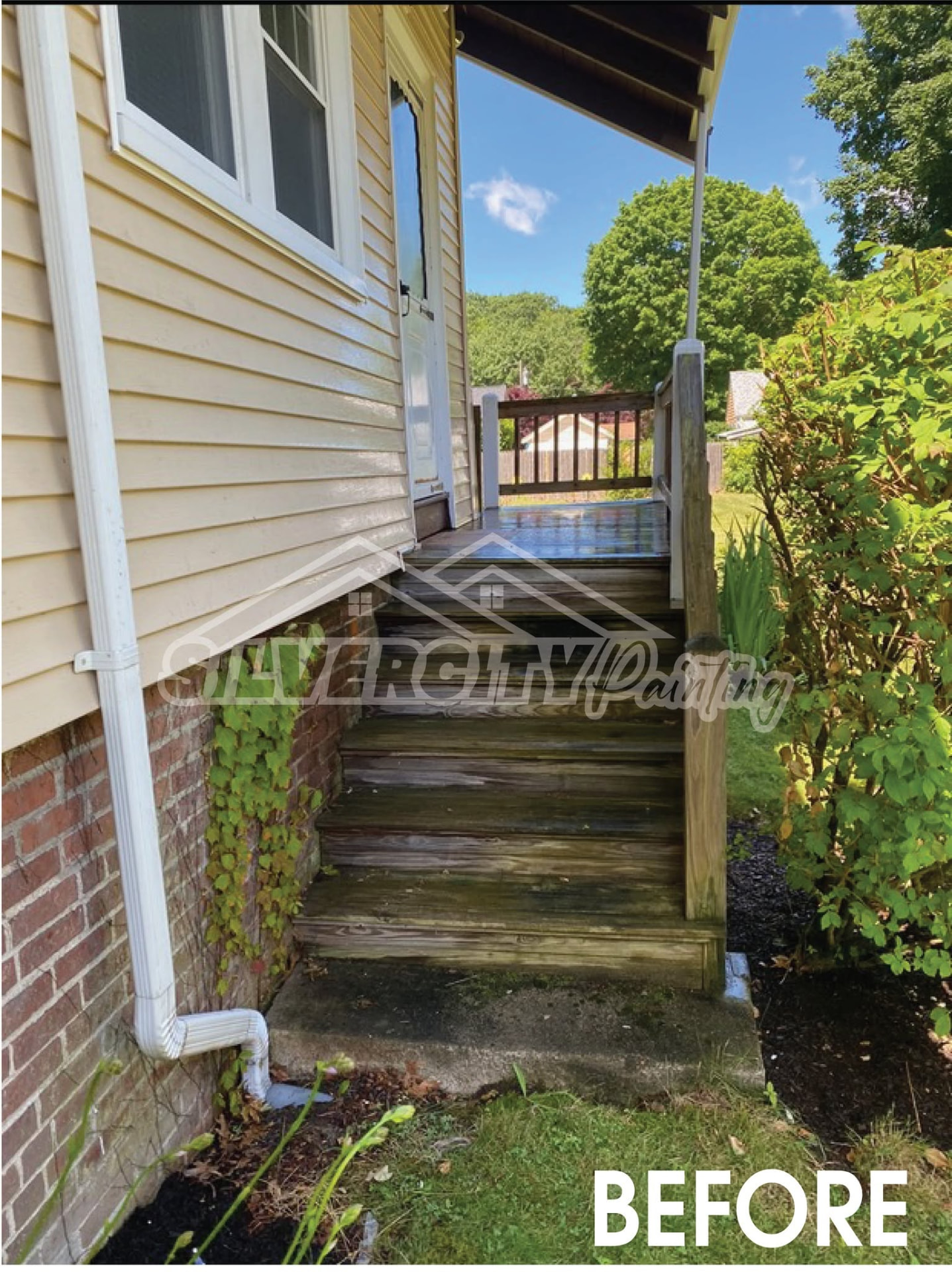 Before painting — weathered wooden porch stairs and landing with peeling finish