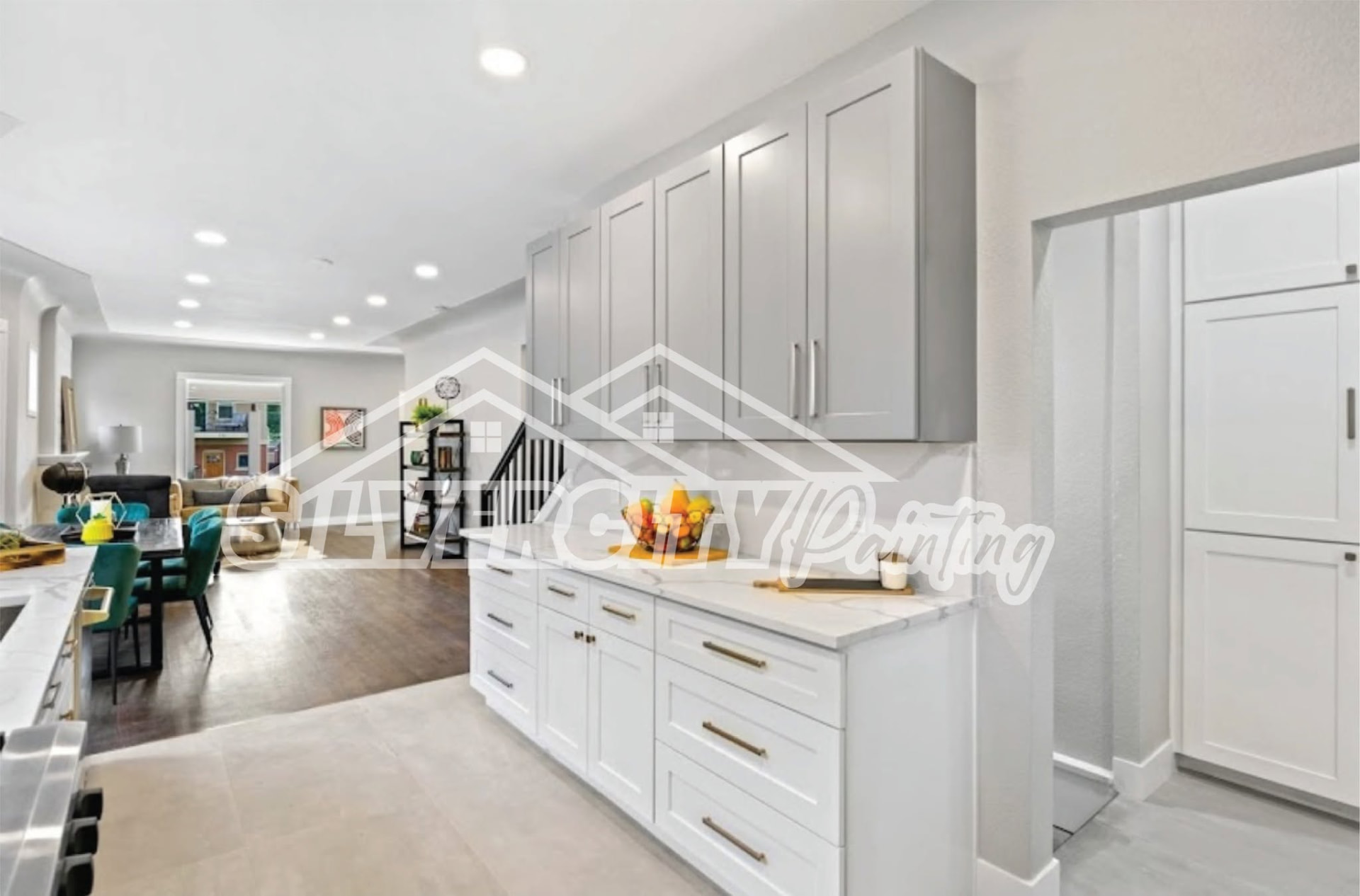 Two-tone grey and white painted kitchen cabinetry in a Massachusetts home