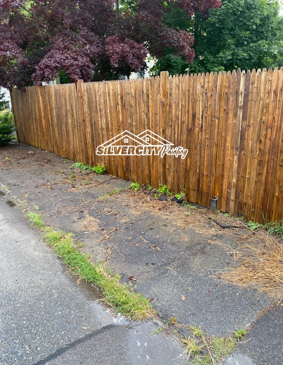 Before staining — bare weathered wood stockade fence along a driveway in Taunton, MA