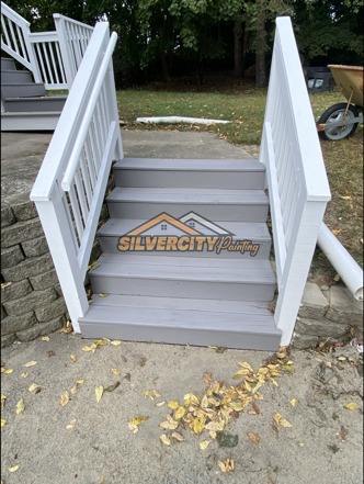 After painting — exterior front steps finished in grey with crisp white railings